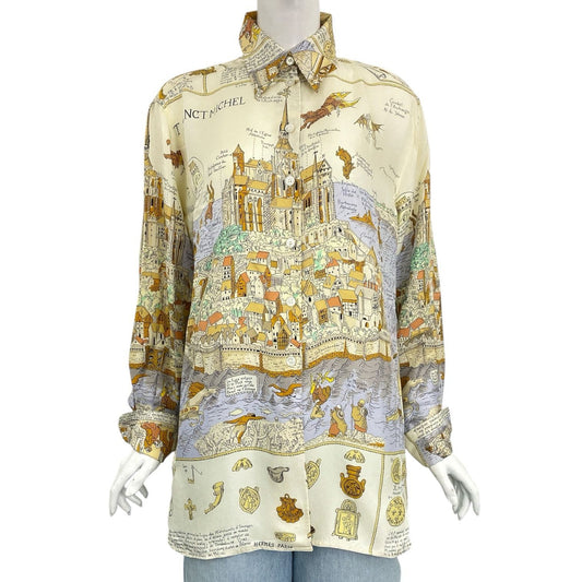 Hermes Shirt Long Sleeve Silk Mont Saint Michel Multicolor 38