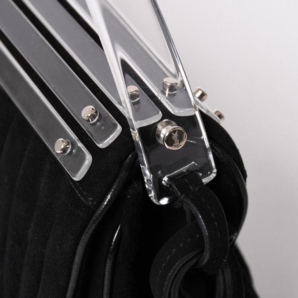 Saint Laurent Rive Gauche Suede Clutch Handbag Black Silver Flap — view 5