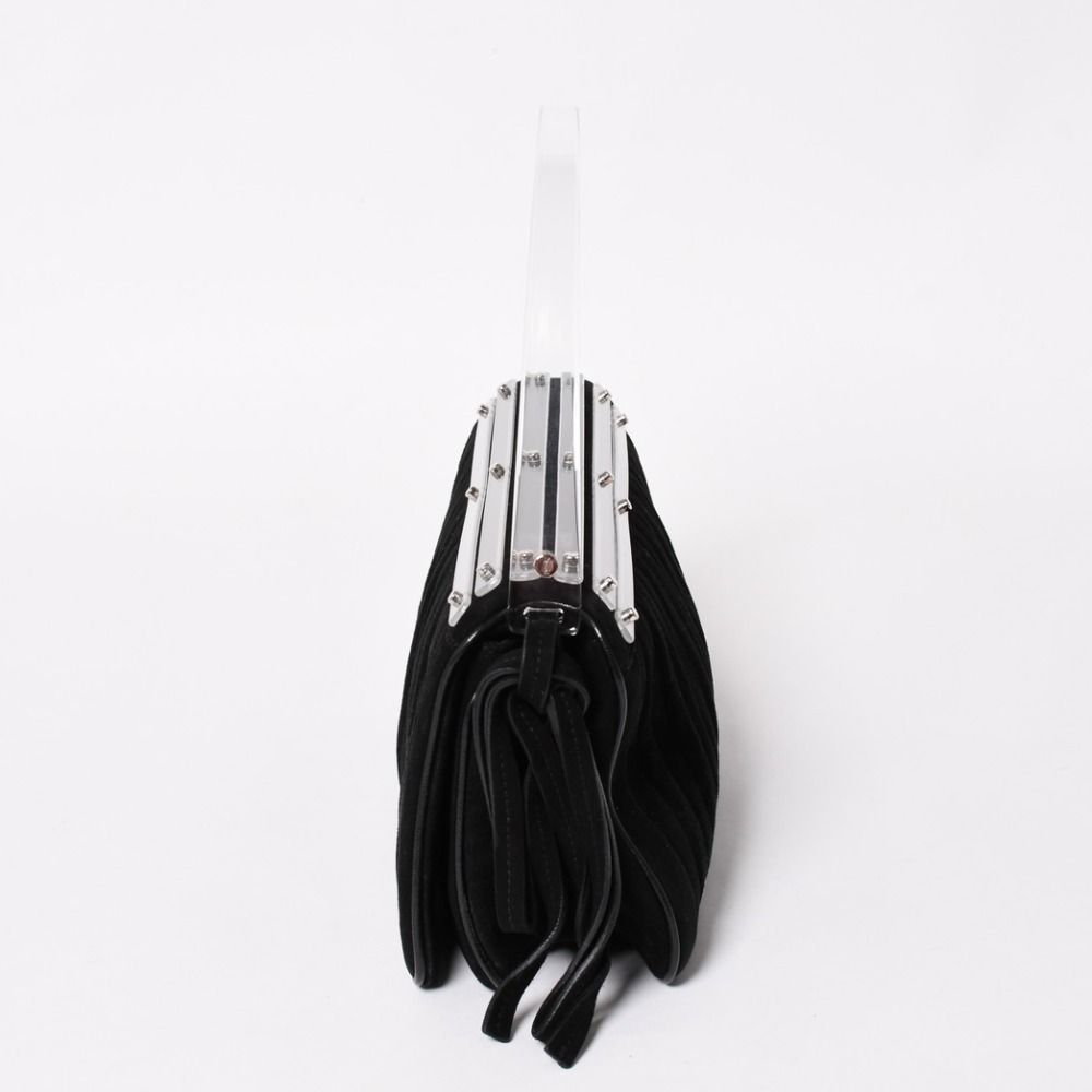 Saint Laurent Rive Gauche Suede Clutch Handbag Black Silver Flap — view 4