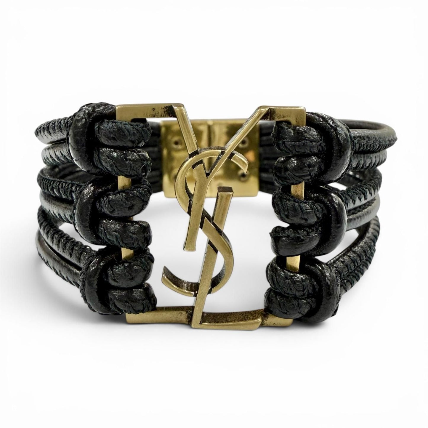 Saint Laurent Babylon Code YSL Logo Leather Bracelet Black Gold