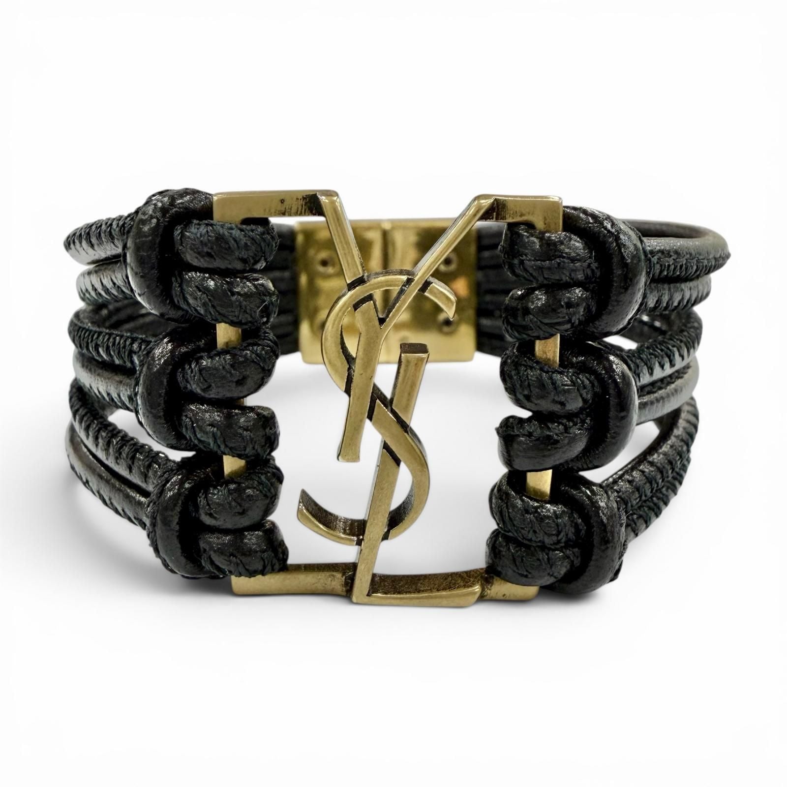 Saint Laurent Babylon Code YSL Logo Leather Bracelet Black Gold