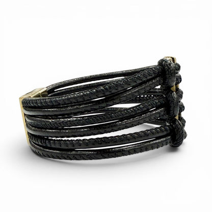 Saint Laurent Babylon Code YSL Logo Leather Bracelet Black Gold — view 5