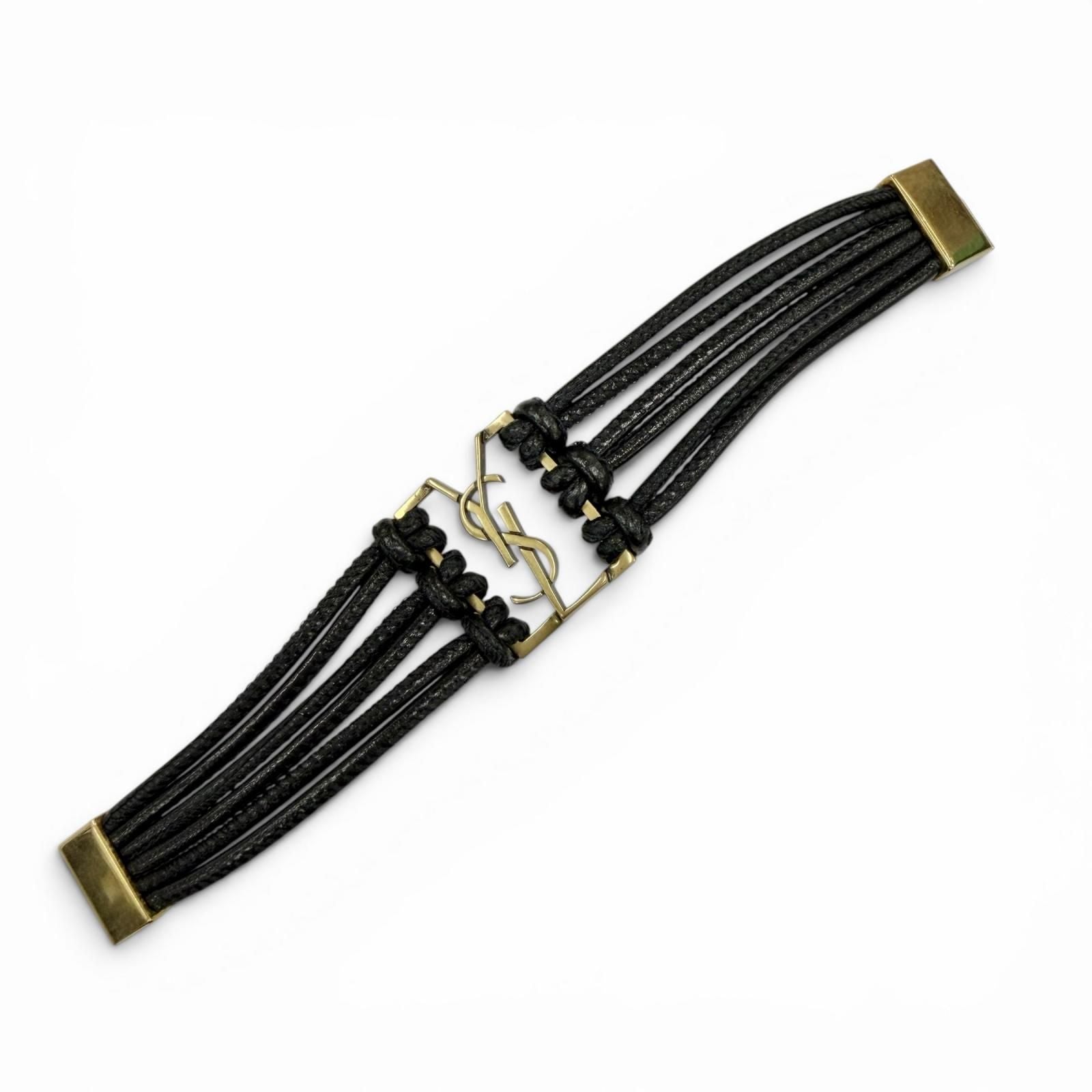 Saint Laurent Babylon Code YSL Logo Leather Bracelet Black Gold — view 6