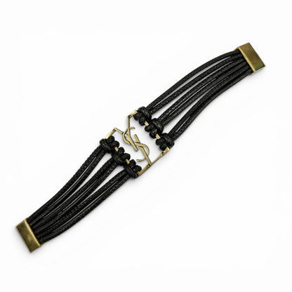 Saint Laurent Babylon Code YSL Logo Leather Bracelet Black Gold — view 6