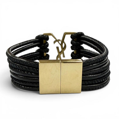 Saint Laurent Babylon Code YSL Logo Leather Bracelet Black Gold — view 4