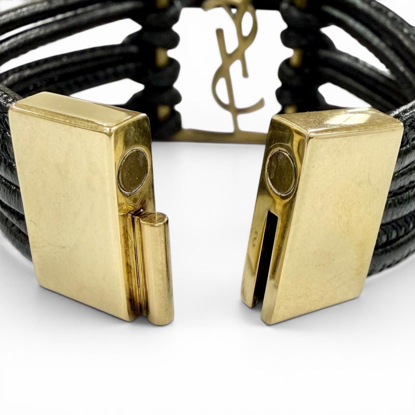 Saint Laurent Babylon Code YSL Logo Leather Bracelet Black Gold — view 7