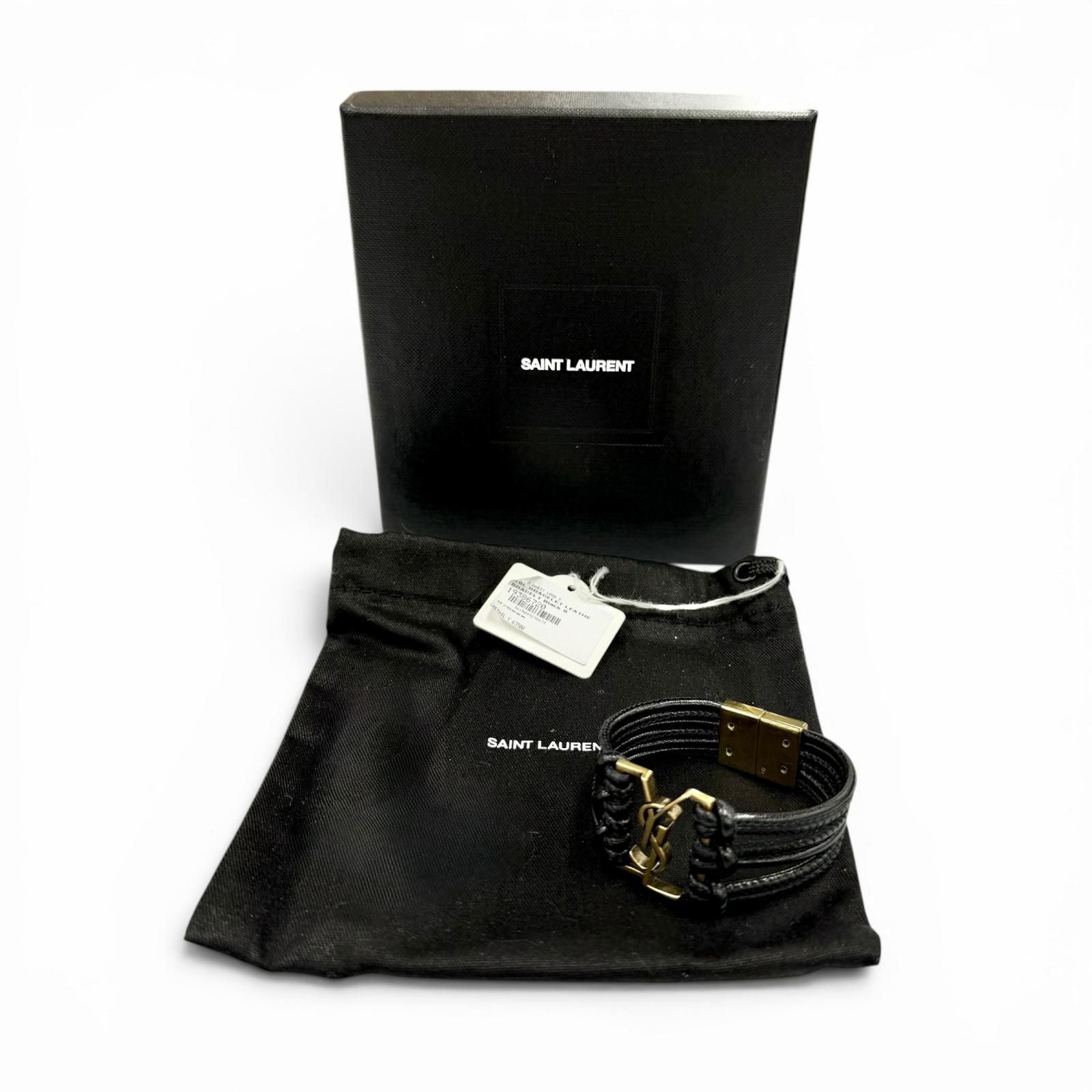 Saint Laurent Babylon Code YSL Logo Leather Bracelet Black Gold — view 2