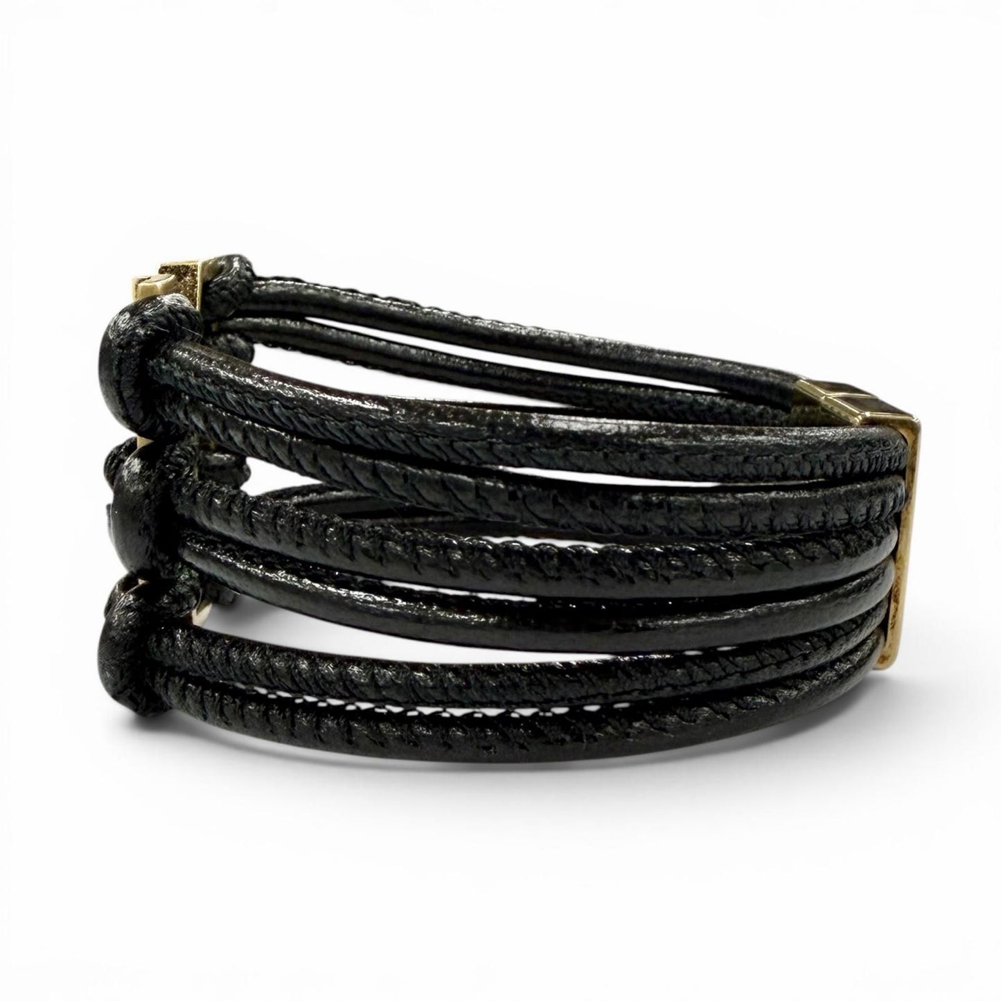 Saint Laurent Babylon Code YSL Logo Leather Bracelet Black Gold — view 3