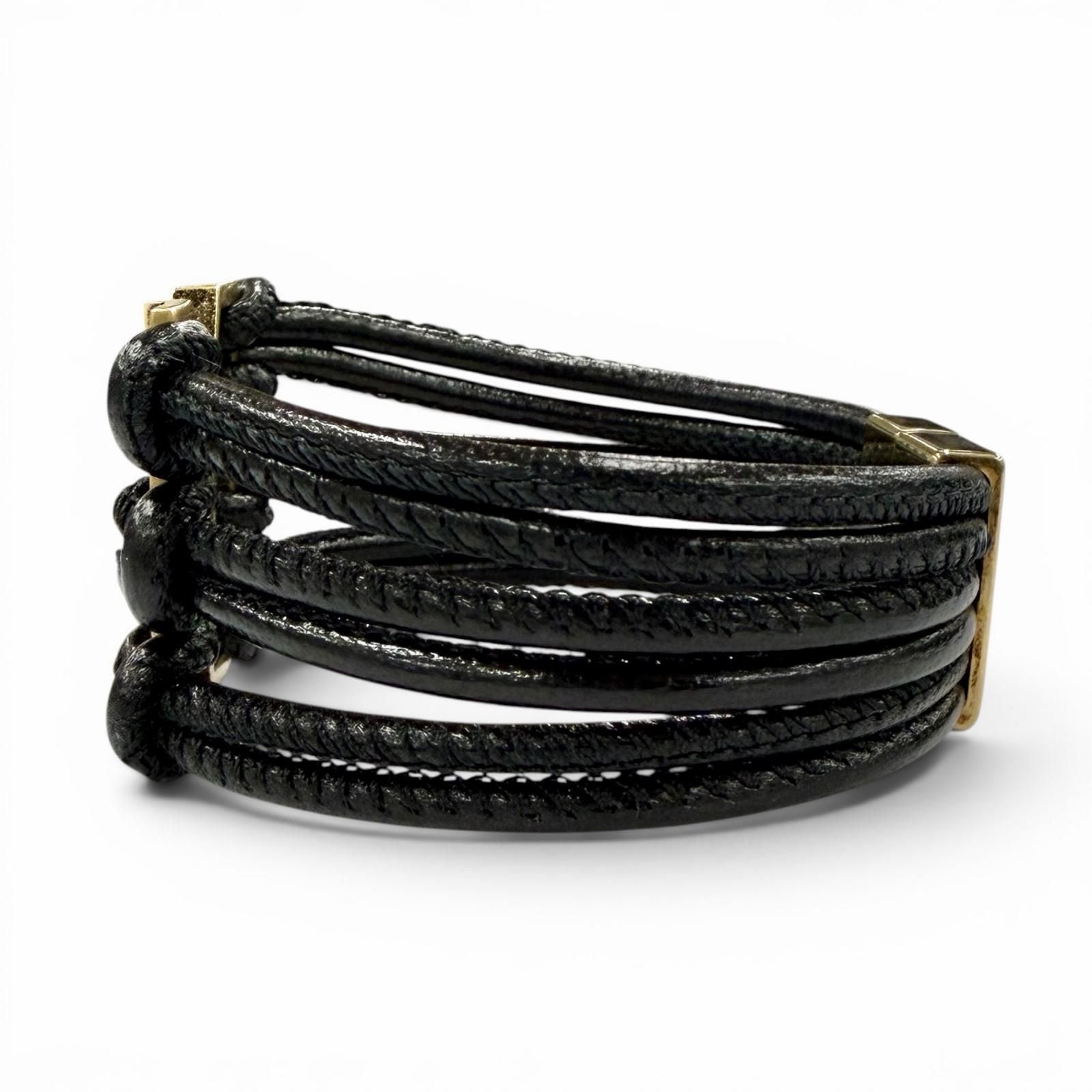 Saint Laurent Babylon Code YSL Logo Leather Bracelet Black Gold — view 3