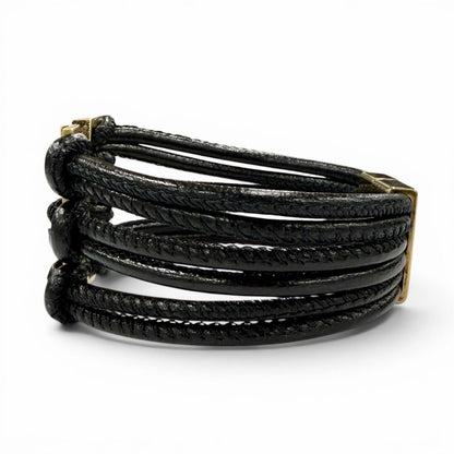 Saint Laurent Babylon Code YSL Logo Leather Bracelet Black Gold — view 3
