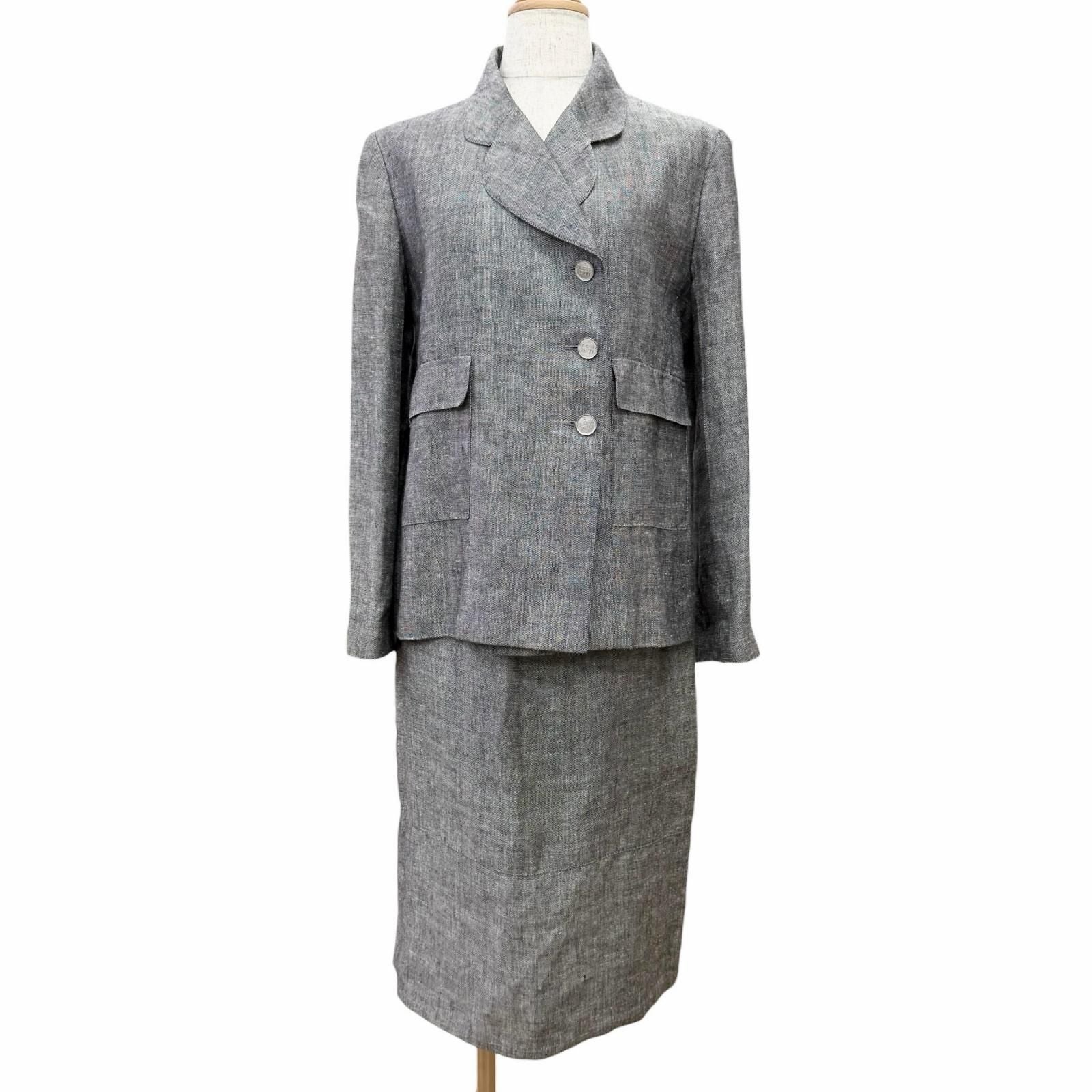 Chanel Vintage Linen Silk CC Logo Button Skirt Suit Set Gray 38