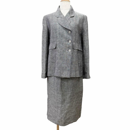 Chanel Vintage Linen Silk CC Logo Button Skirt Suit Set Gray 38