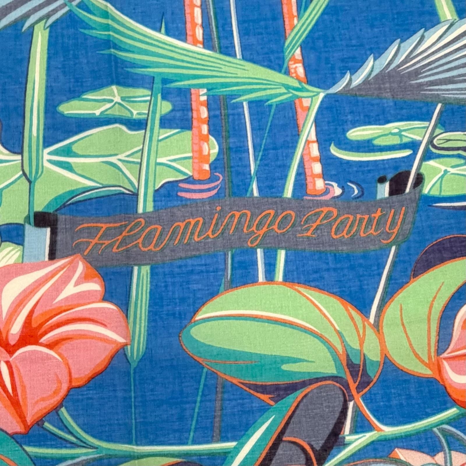 Hermes Pareo Flamingo Party Cotton Oversized Shawl Scarf Blue — view 4