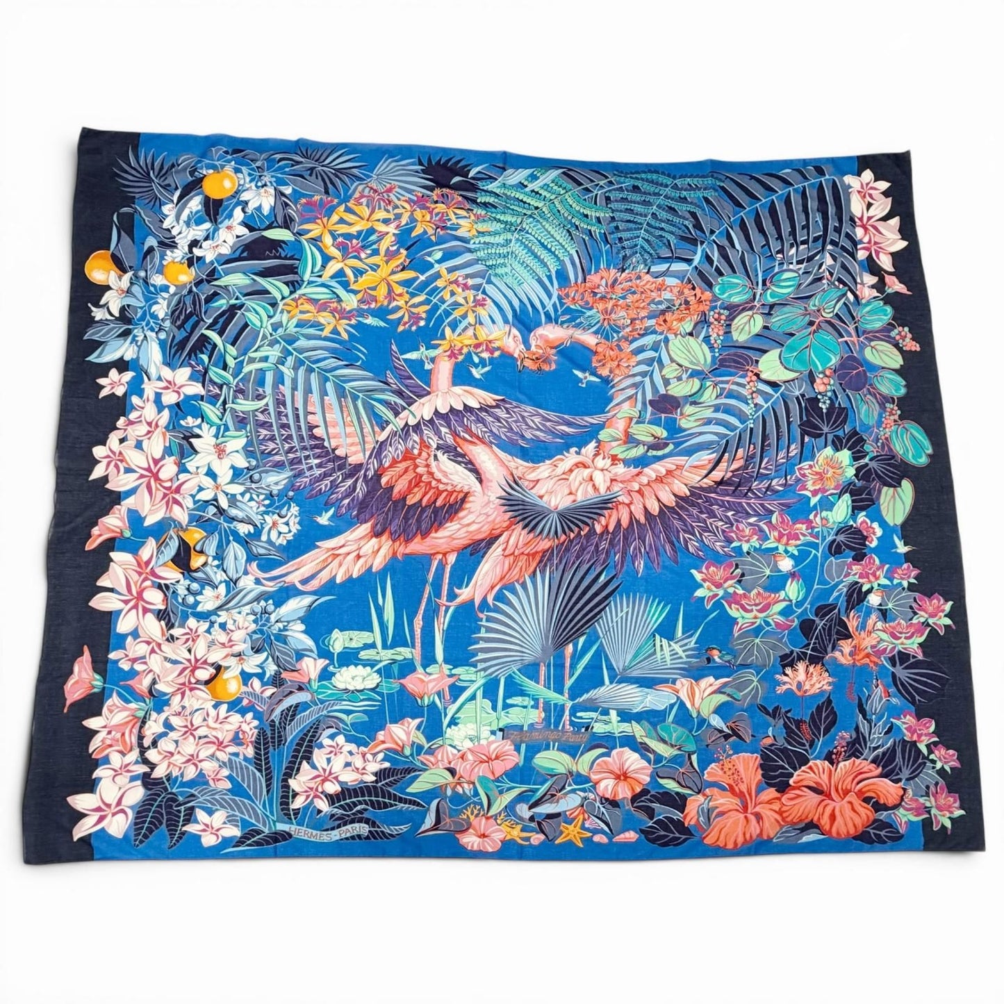 Hermes Pareo Flamingo Party Cotton Oversized Shawl Scarf Blue — view 2
