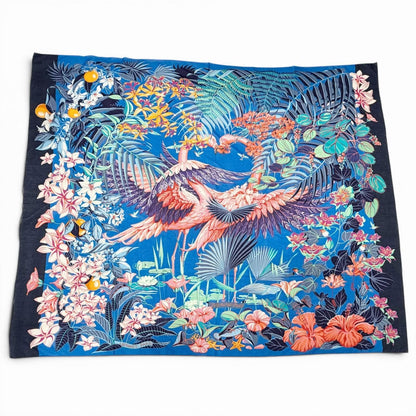 Hermes Pareo Flamingo Party Cotton Oversized Shawl Scarf Blue — view 2