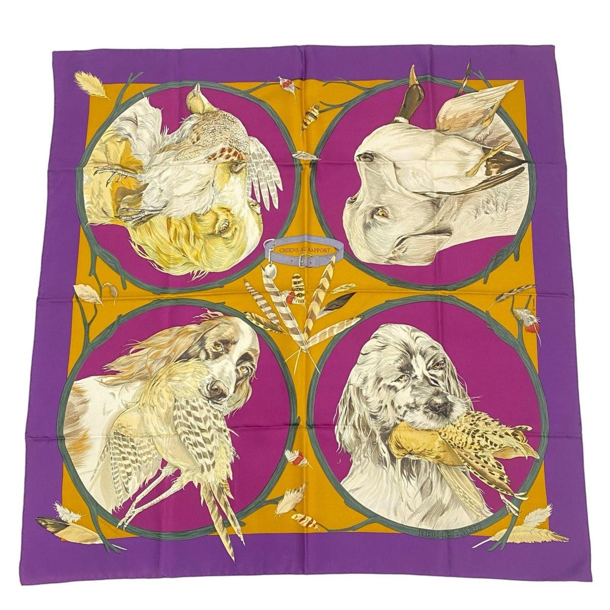 Hermes Carre 90 Scarf Silk Chiens AU Rapport Hound Purple