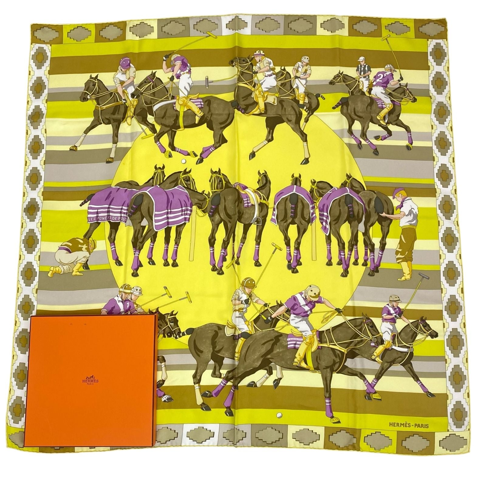 Hermes Carre 90 Scarf Silk Les Poneys de Polo Large Horse Pattern Yellow