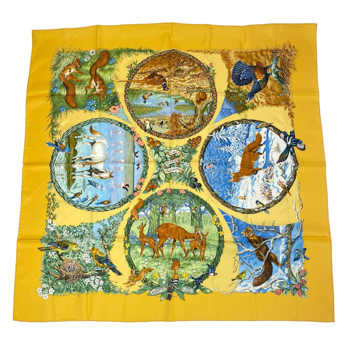 Hermes Carre 90 Les Quatre Saisons Four Seasons Brown Animal Flower Scarf Silk