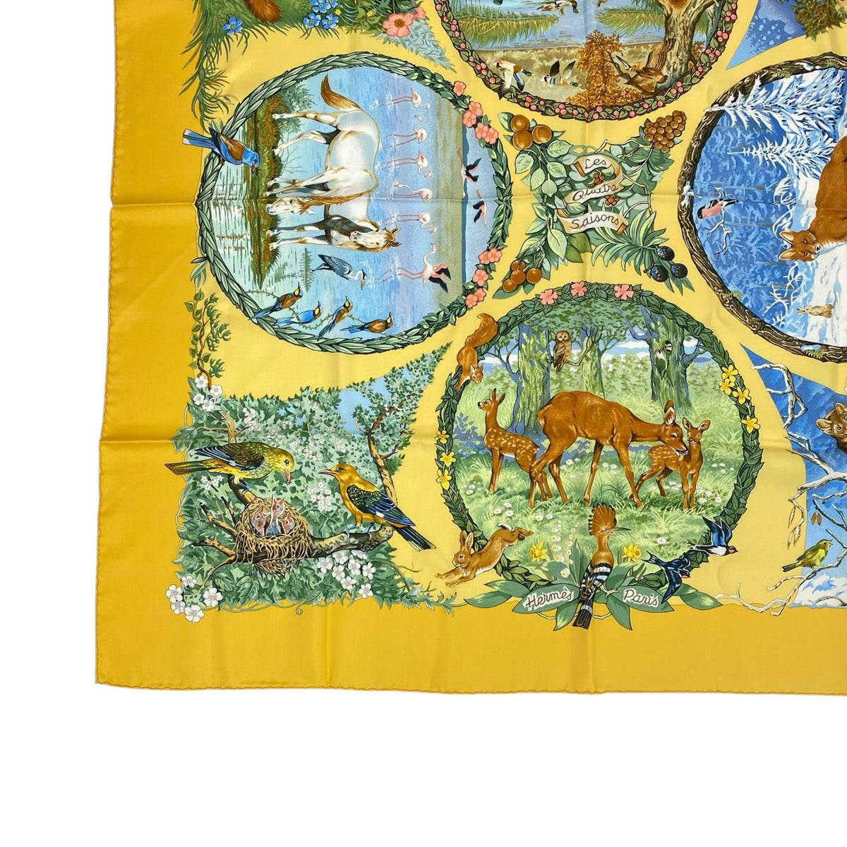 Hermes Carre 90 Les Quatre Saisons Four Seasons Brown Animal Flower Scarf Silk — view 4
