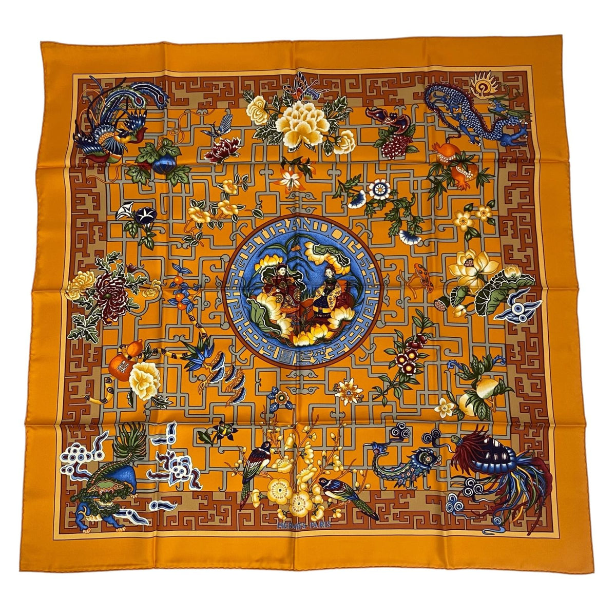 Hermes Scarf Silk Carre 90 Turandot Natsunohidaka Orange Blue — view 2