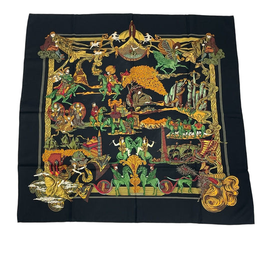 Hermes Carre 90 Au Fil de la Soie Silk Scarf Black Multicolor
