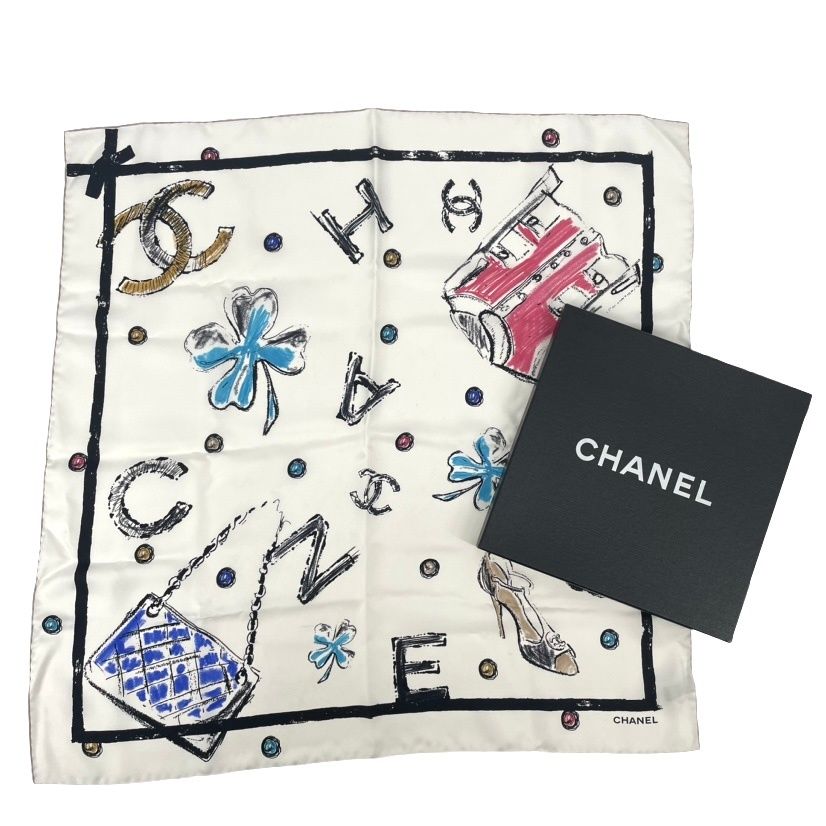 Chanel Icon Motif Scarf CC Logo Silk White
