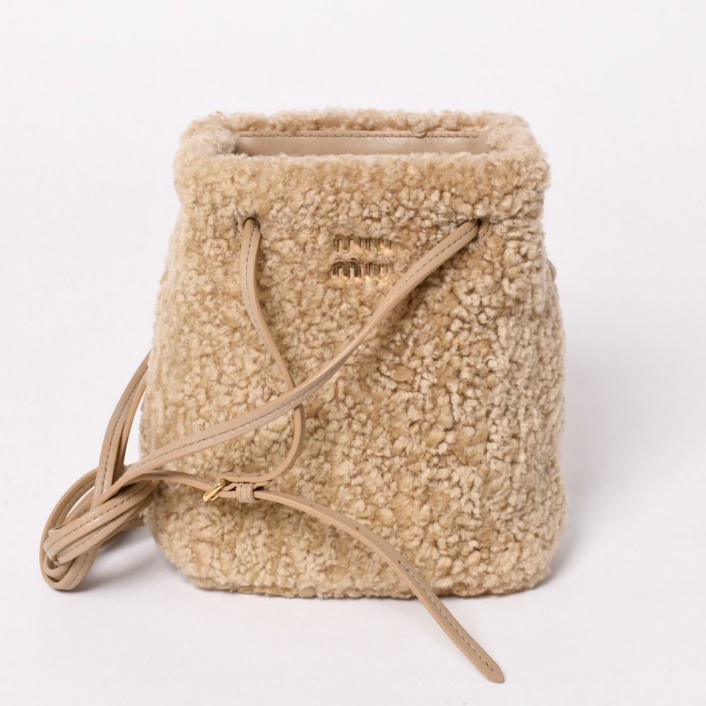Miu Miu Sheepskin Drawstring Shoulder Bag Fleece Beige Gold