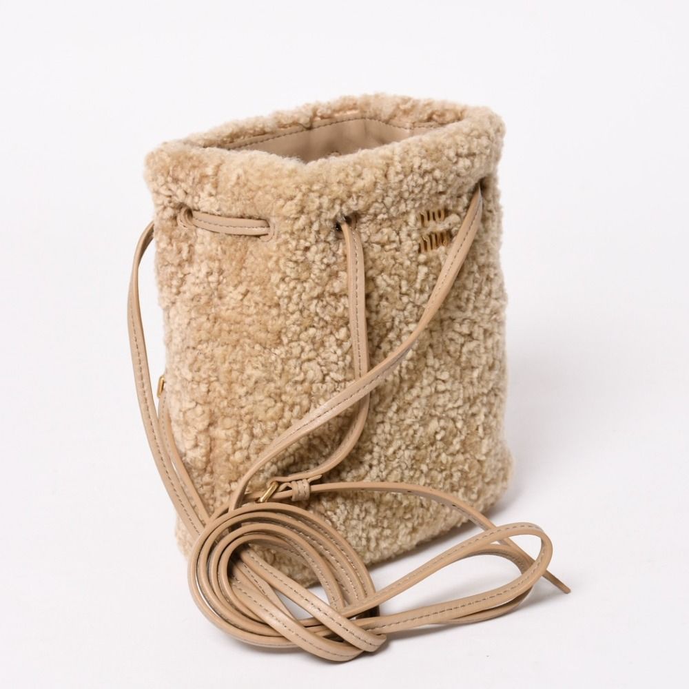 Miu Miu Sheepskin Drawstring Shoulder Bag Fleece Beige Gold — view 3