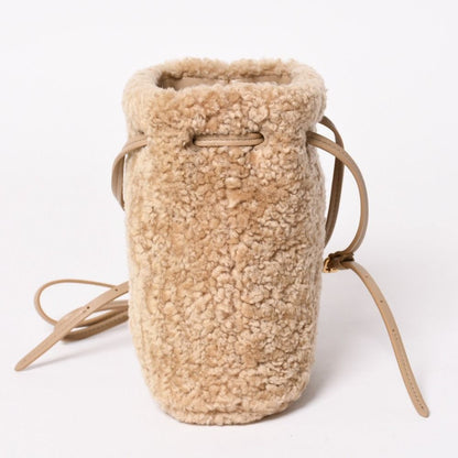 Miu Miu Sheepskin Drawstring Shoulder Bag Fleece Beige Gold — view 4