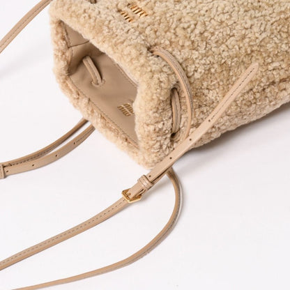 Miu Miu Sheepskin Drawstring Shoulder Bag Fleece Beige Gold — view 5