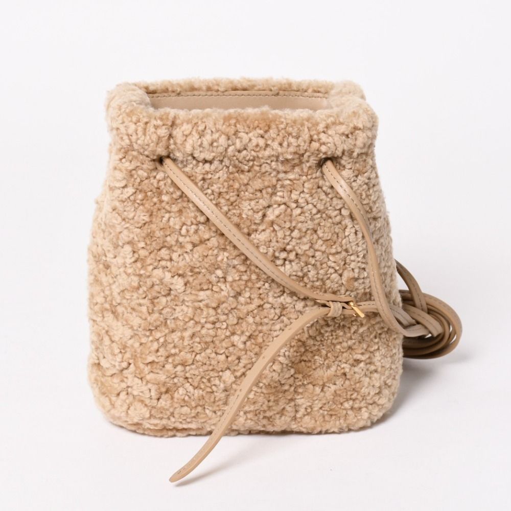 Miu Miu Sheepskin Drawstring Shoulder Bag Fleece Beige Gold — view 2