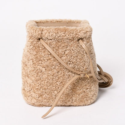 Miu Miu Sheepskin Drawstring Shoulder Bag Fleece Beige Gold — view 2
