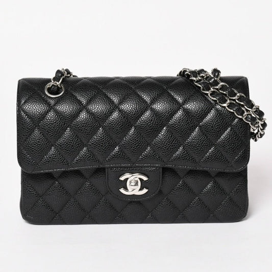 Chanel Quilted 23 Double Flap Chain Shoulder Bag Caviar Leather CC Logo Silver