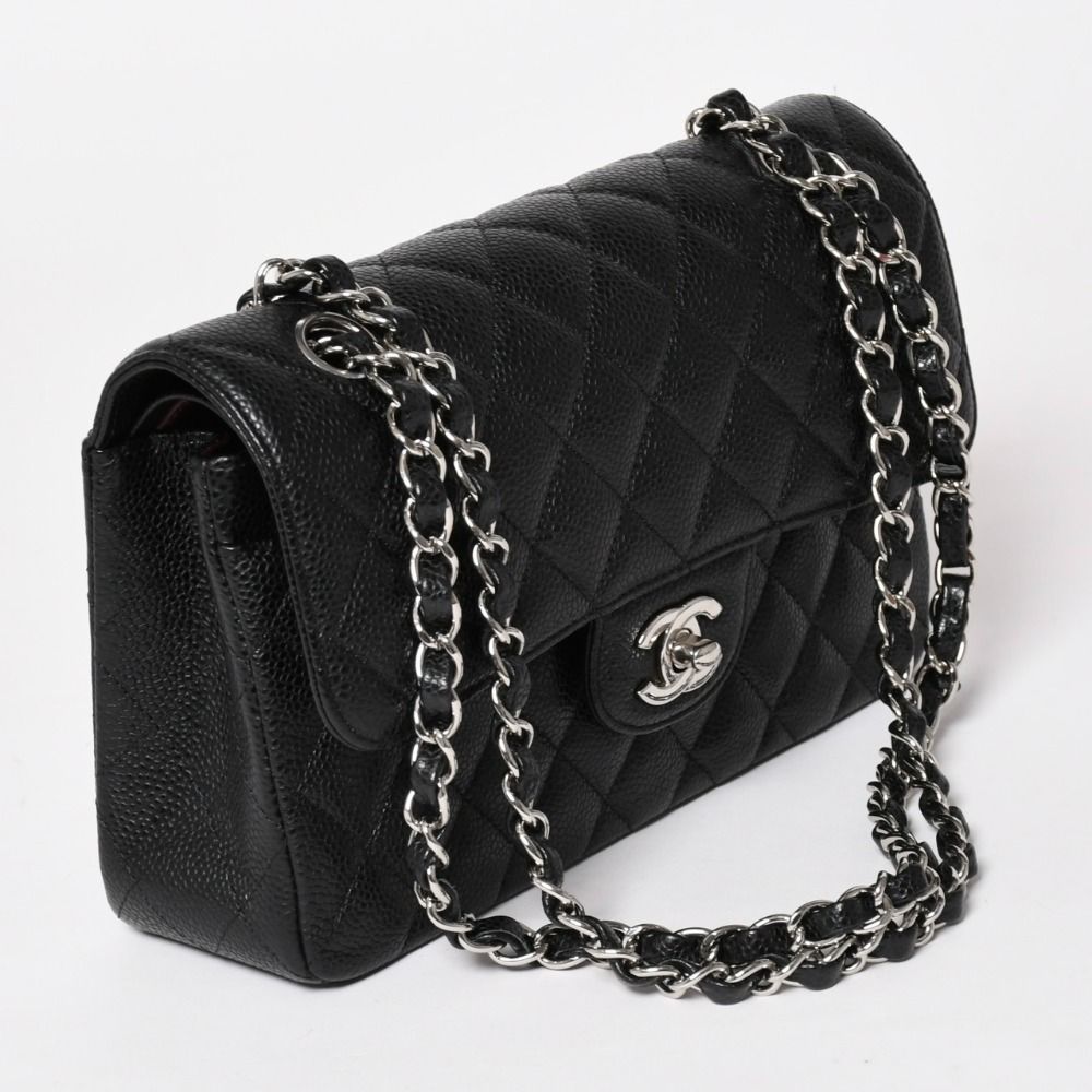 Chanel Quilted 23 Double Flap Chain Shoulder Bag Caviar Leather CC Logo Silver — view 3
