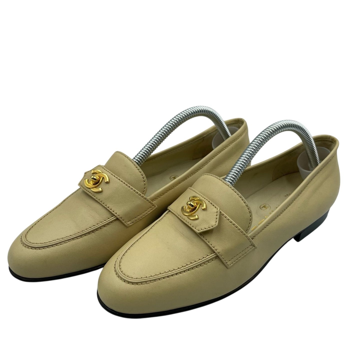 Chanel Loafers Shoes Leather CC Logo Beige