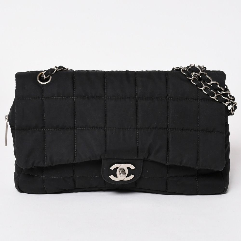 Chanel Quilted Choco Bar Shoulder Bag CC Logo Nylon Black Silver