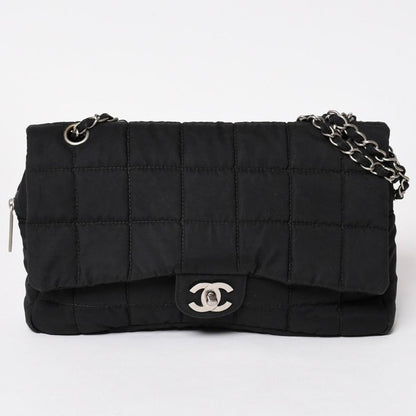 Chanel Quilted Choco Bar Shoulder Bag CC Logo Nylon Black Silver