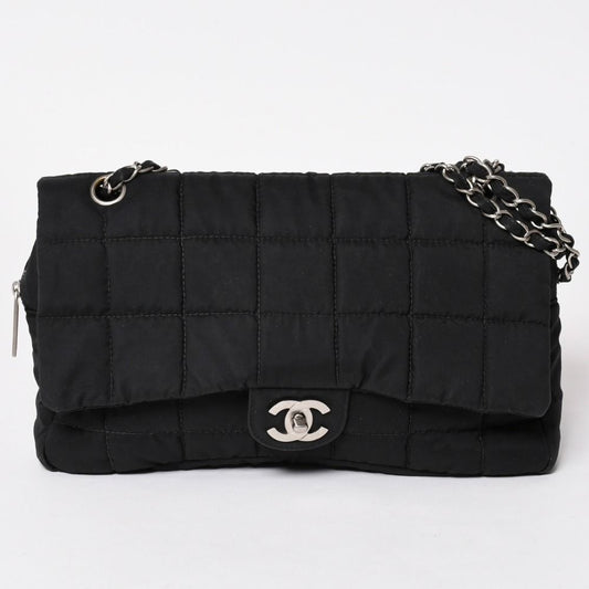 Chanel Quilted Choco Bar Shoulder Bag CC Logo Nylon Black Silver