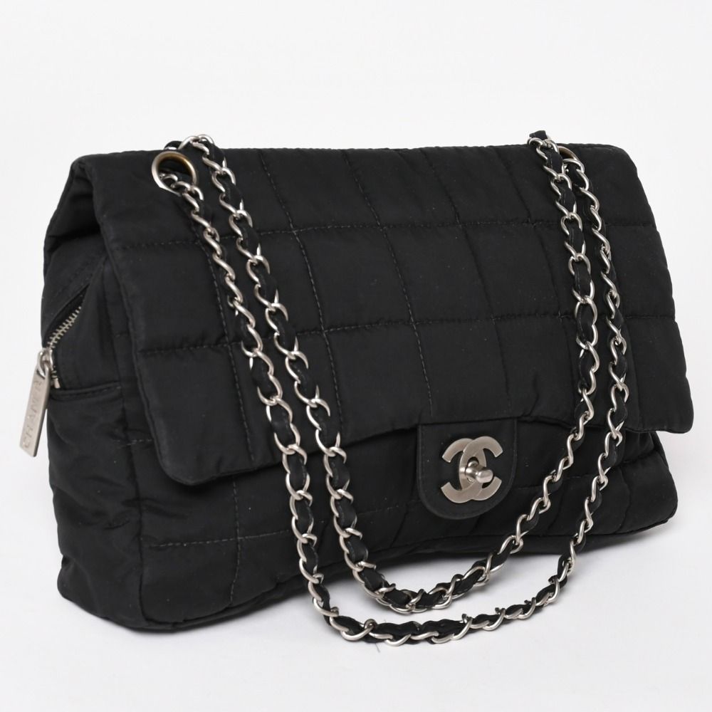 Chanel Quilted Choco Bar Shoulder Bag CC Logo Nylon Black Silver — view 3