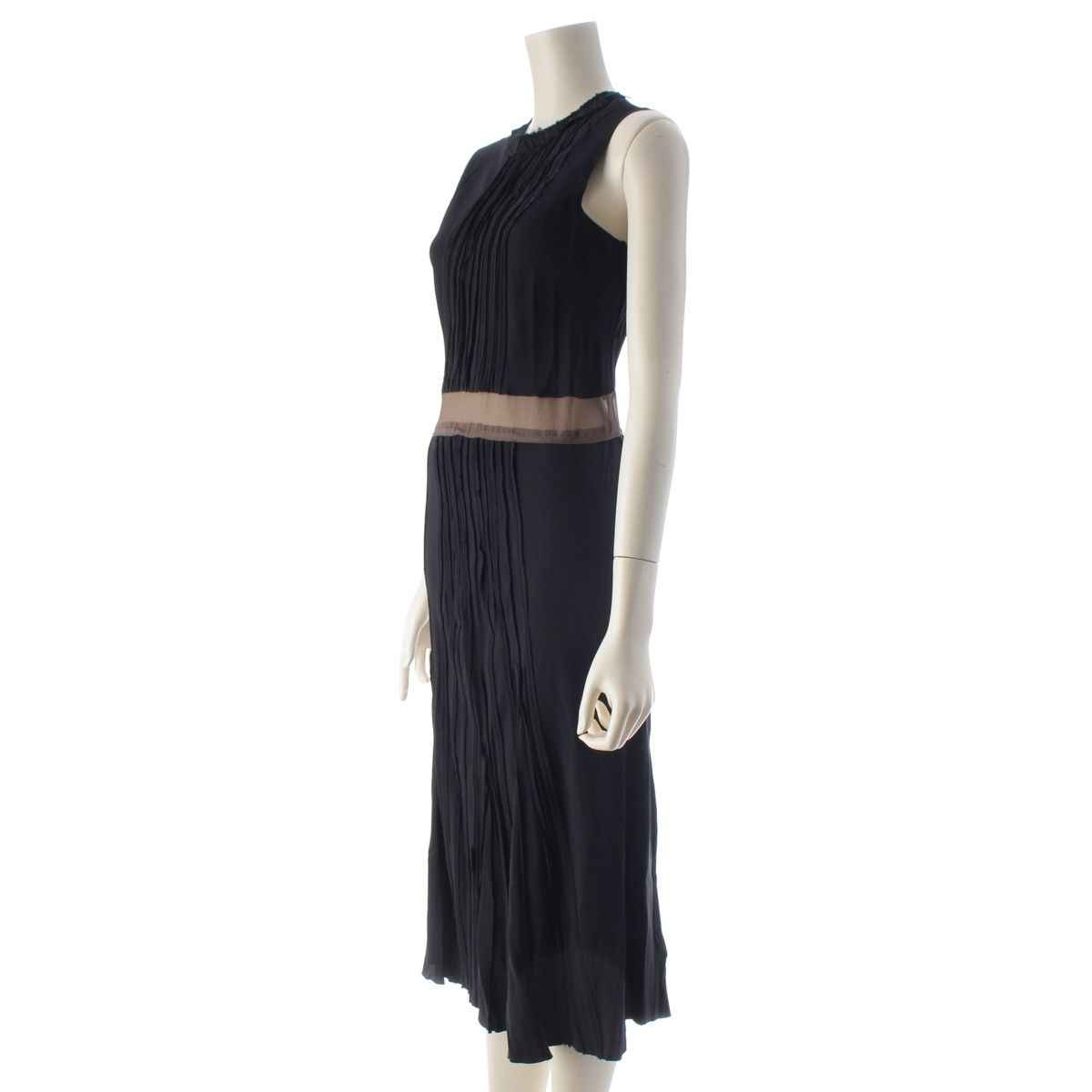Prada le Yon Silk Sleeveless Waist Sheer Panel Pleated Dress Top Navy Dark — view 2