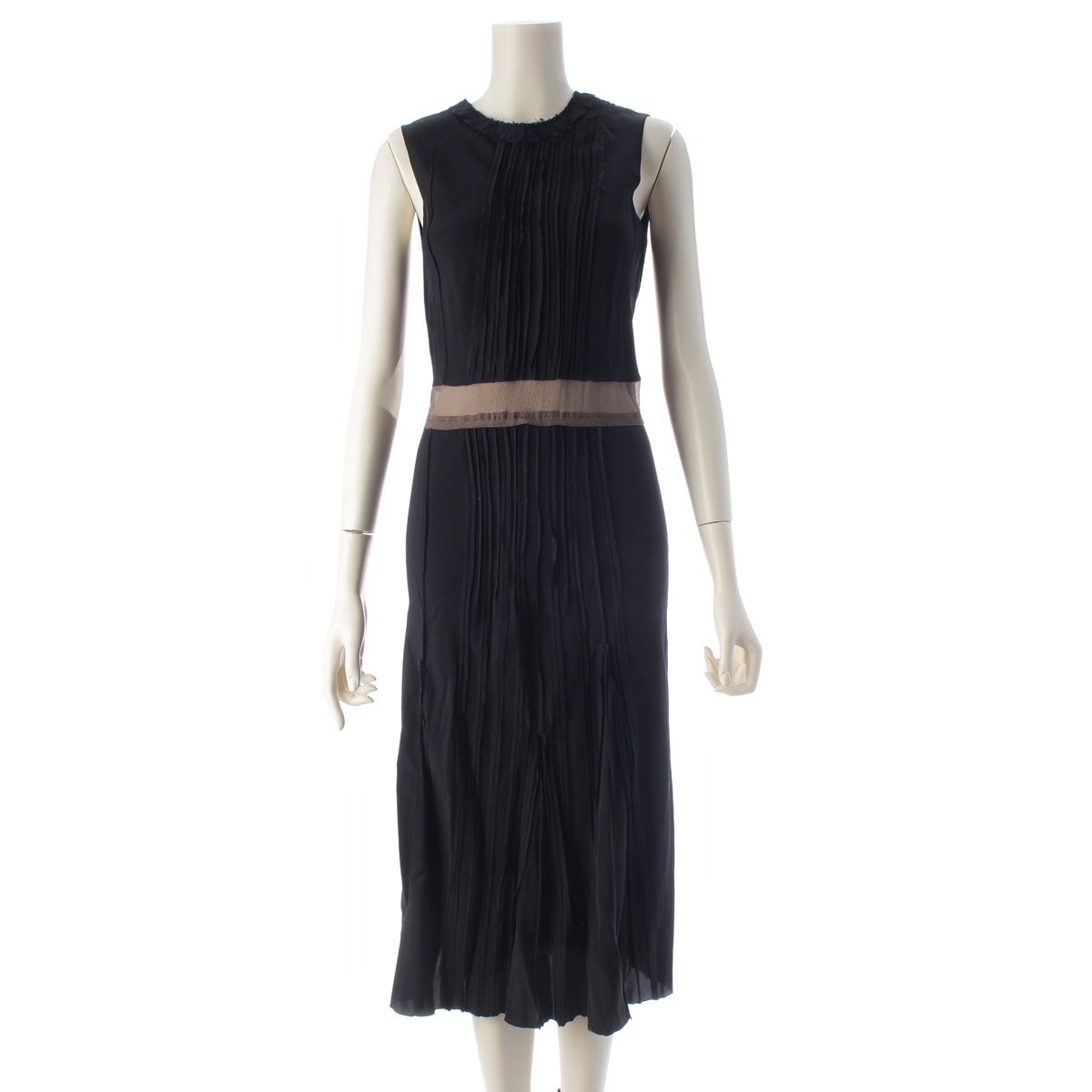 Prada le Yon Silk Sleeveless Waist Sheer Panel Pleated Dress Top Navy Dark