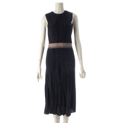 Prada le Yon Silk Sleeveless Waist Sheer Panel Pleated Dress Top Navy Dark