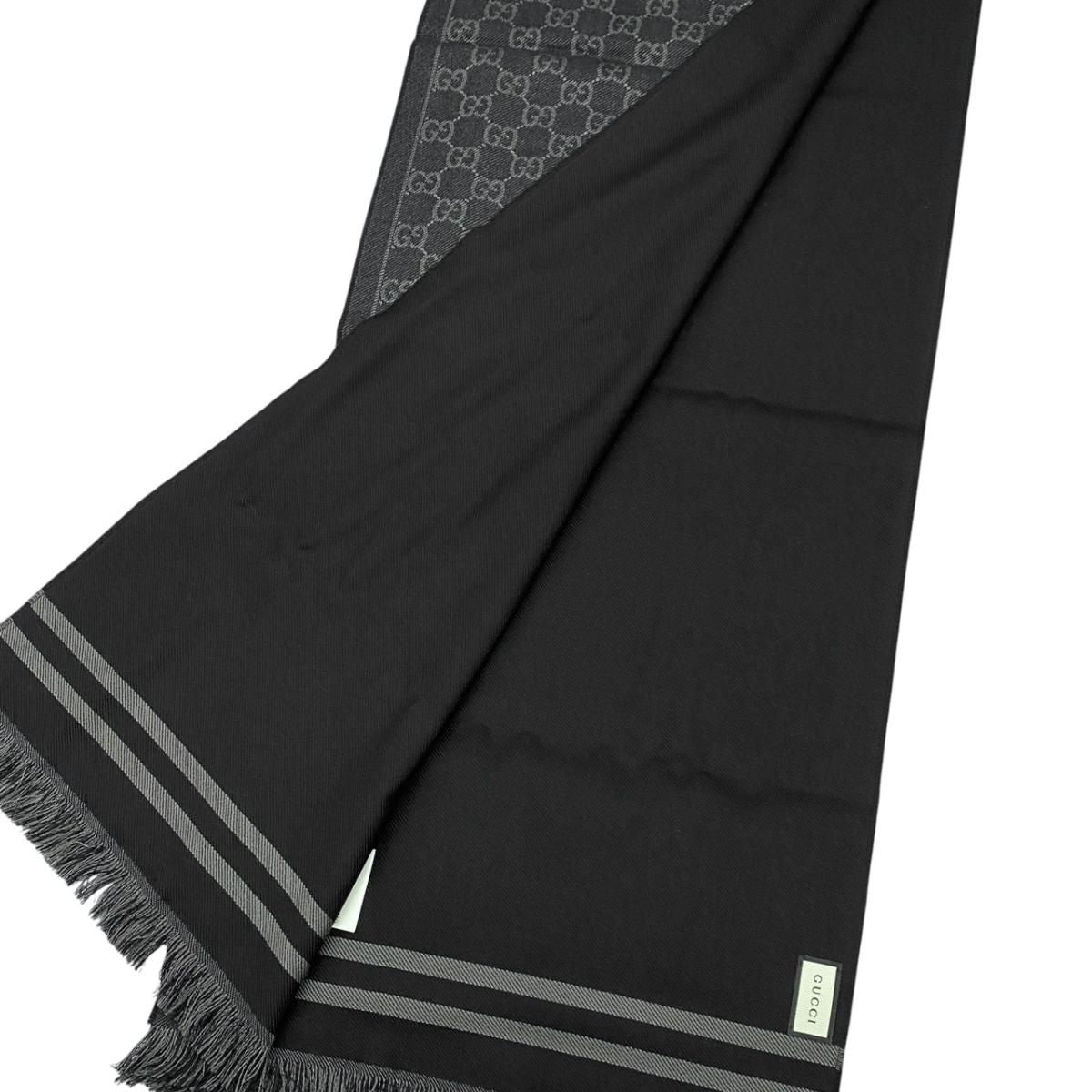 Gucci Shawl GG Pattern Scarf Wool Logo Gray Black — view 6