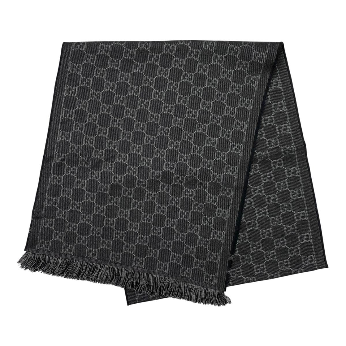 Gucci Shawl GG Pattern Scarf Wool Logo Gray Black