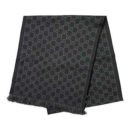 Gucci Shawl GG Pattern Scarf Wool Logo Gray Black