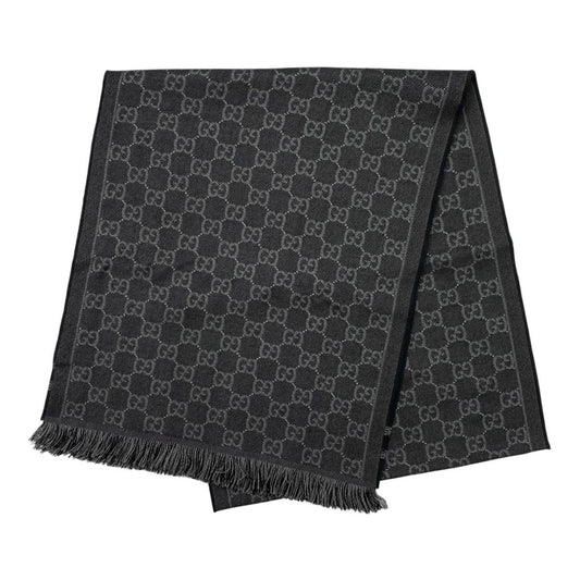 Gucci Shawl GG Pattern Scarf Wool Logo Gray Black