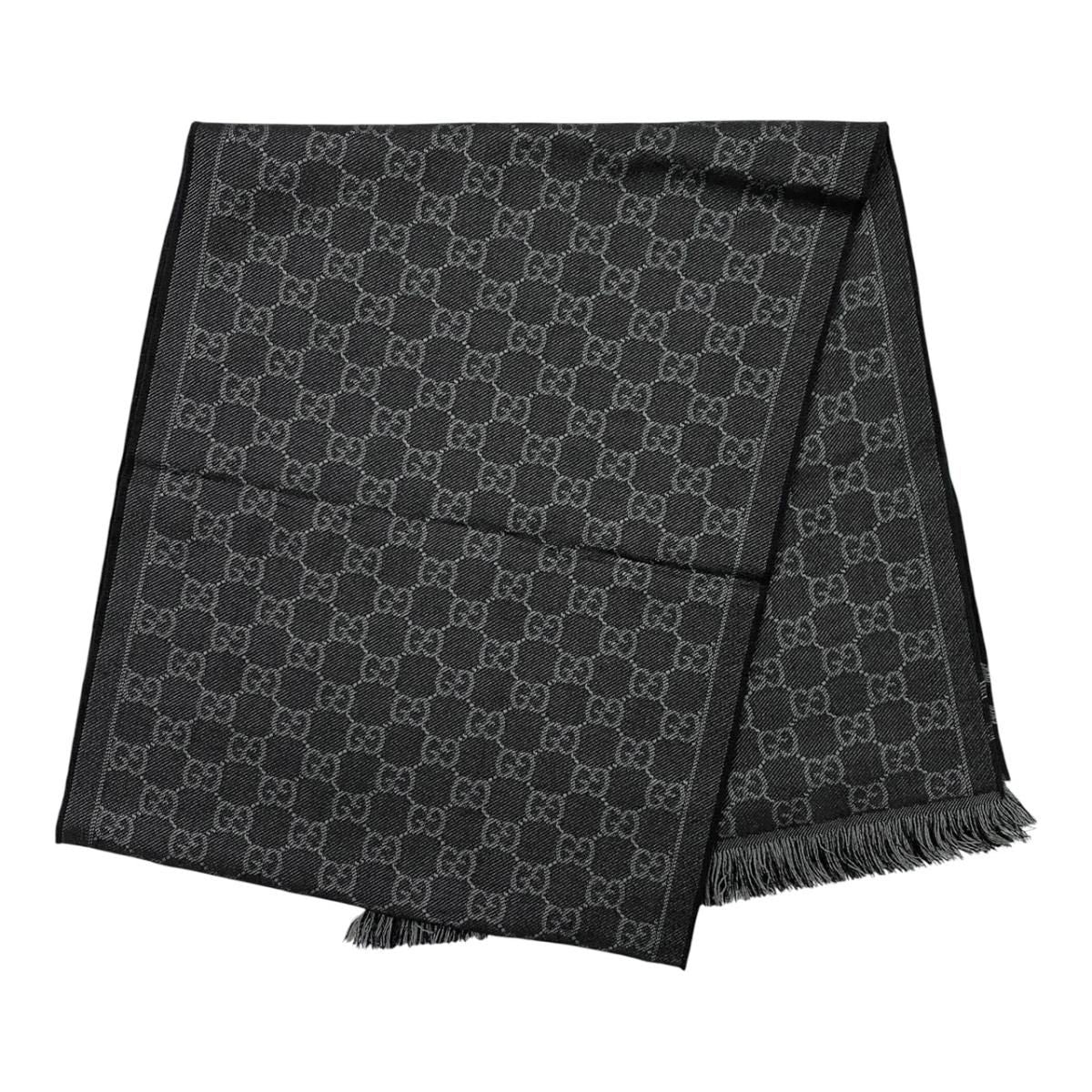 Gucci Shawl GG Pattern Scarf Wool Logo Gray Black — view 2