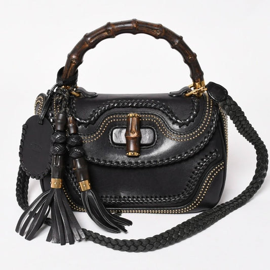 Gucci New Bamboo Leather 2-Way Giannini Wood Handle Shoulder Bag Gold
