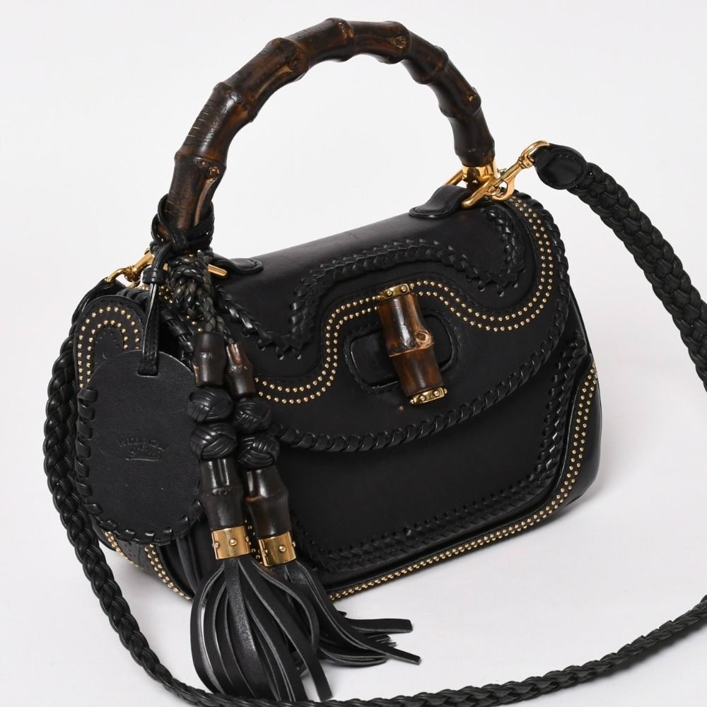 Gucci New Bamboo Leather 2-Way Giannini Wood Handle Shoulder Bag Gold — view 3