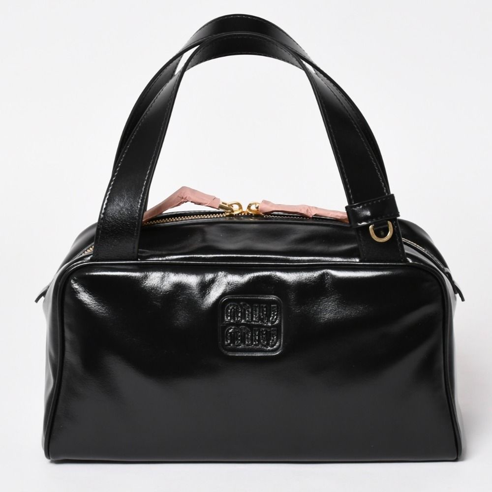Miu Miu Leather Top Handle Bag Handbag Shiny Calfskin Black Gold